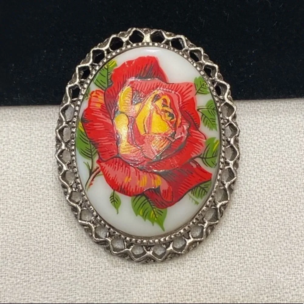 Vintage Silver Brooch With Porcelain Flower Cameo